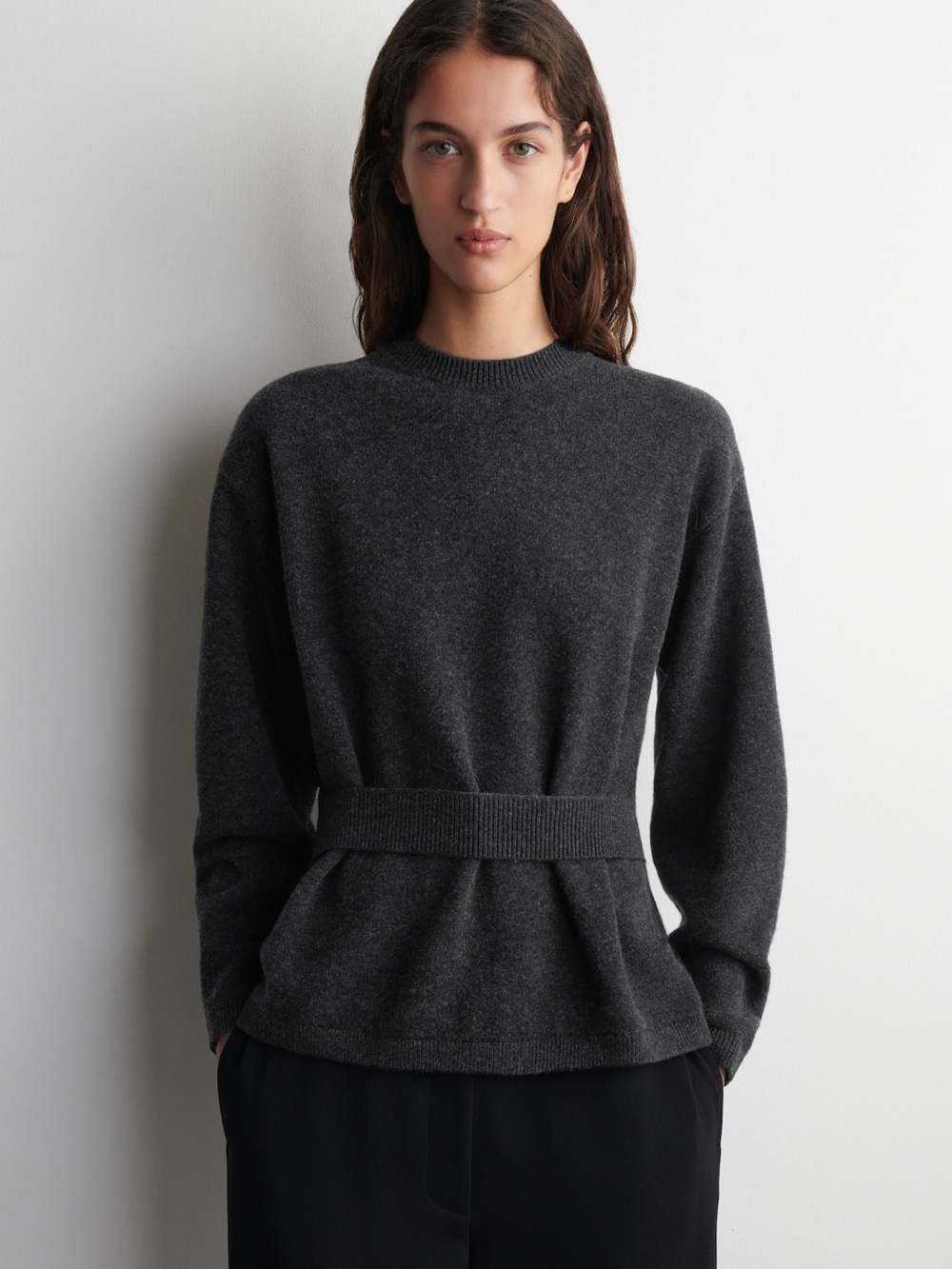 COS Charcoal Belted Crewneck Sweater